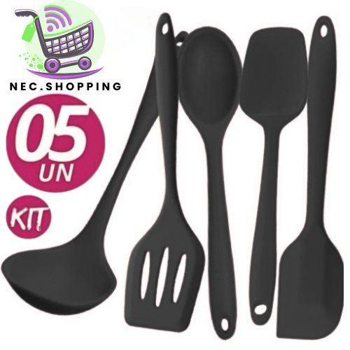 Kit 5 Utensílios de Cozinha Silicone Premium Concha Espátulas Colher Casa Cozinha Restaurante Buffet
