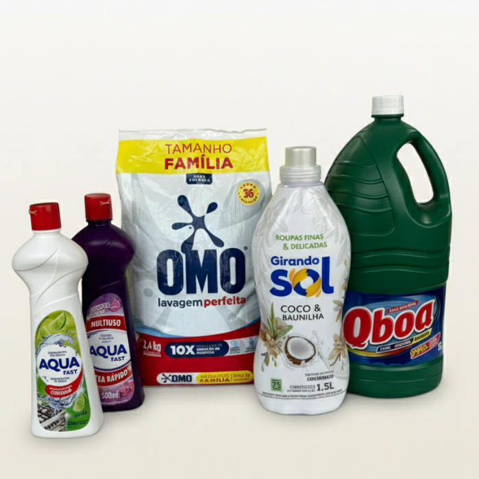 Cesta Básica de Limpeza Completa Big 5 Itens Premium Omo, Qboa, Girando Sol