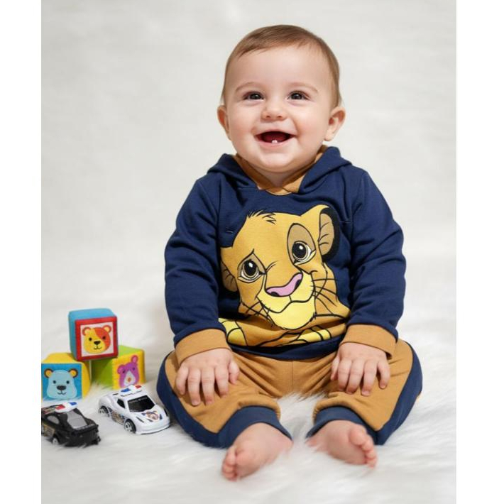 Conjunto Bebê Menino com capuz Camiseta Manga Longa Desenho Simba e Mickey + Calça Confortável RN em Oferta na Shopee