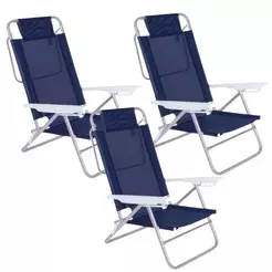 Kit 3 Cadeira de Praia Summer Reclinavel 6 Posições Aluminio Suporta Até 120Kg Apoio de Braço Mor