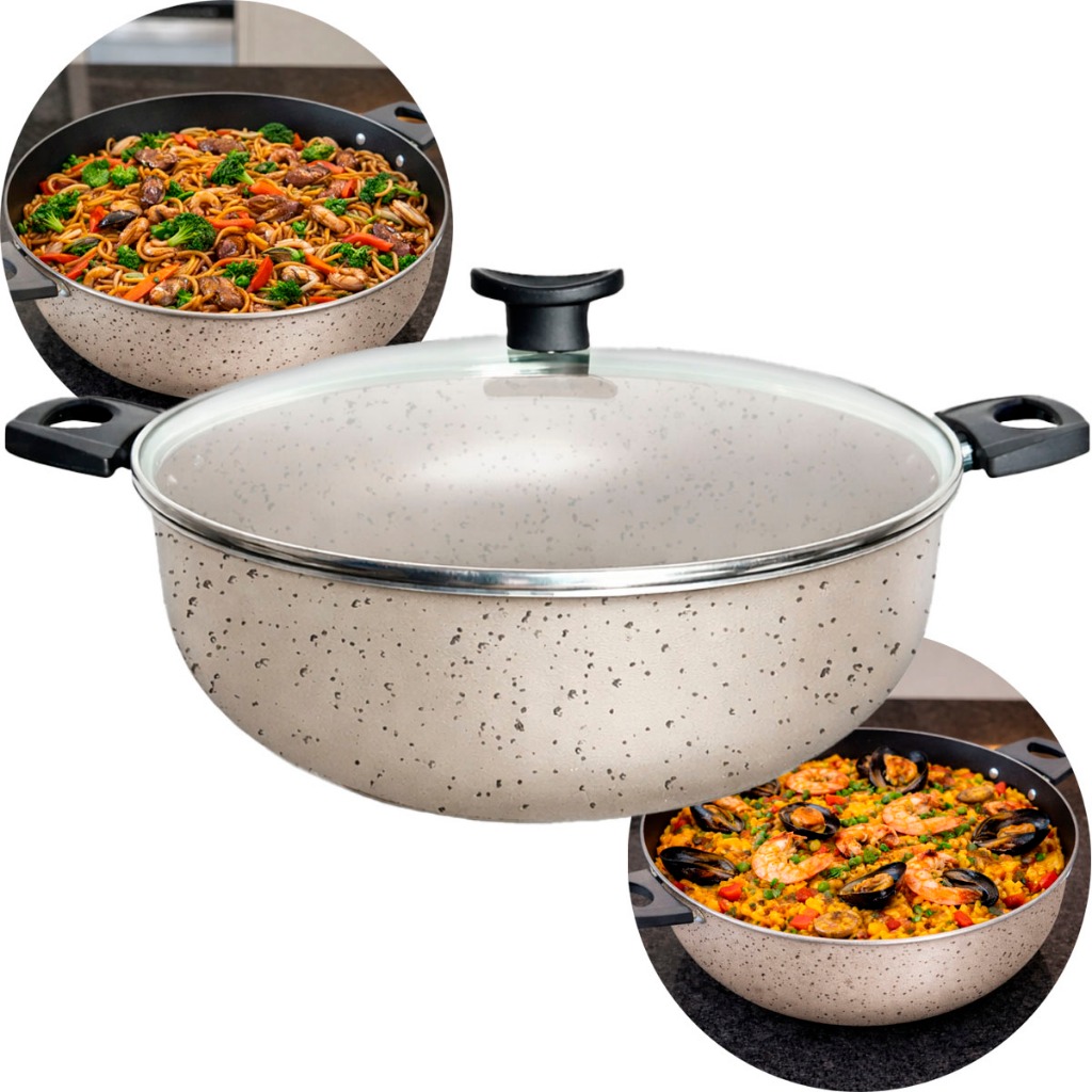 Frigideira Wok grande alta 30cm antiaderente teflon tampa de vidro caçarola paella paelleira em Oferta na Shopee