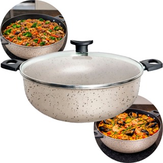 Frigideira Wok grande alta 30cm antiaderente teflon tampa de vidro caçarola paella paelleira em Oferta na Shopee