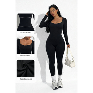 Macacão Feminino Longo UV50+ , Básico Elegante, Manga Longa com Decote quadrado em Oferta na Shopee