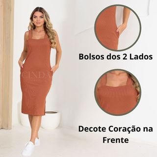 Vestido Femenino Midi Ribana com Decote Coração com Fendas Laterais e Bolsos Moda Verão 2026