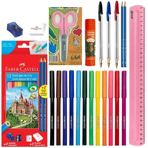 Kit 34 Peças Material Escolar Lapis Cor Faber Castell Caneta Bic Tesoura Regua Infan Juveni Presente
