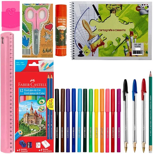 Kit 37 Peças Material Escolar Lapis Cor Faber Castell Caneta Bic Hidrocor Tesoura Regua Promoçao
