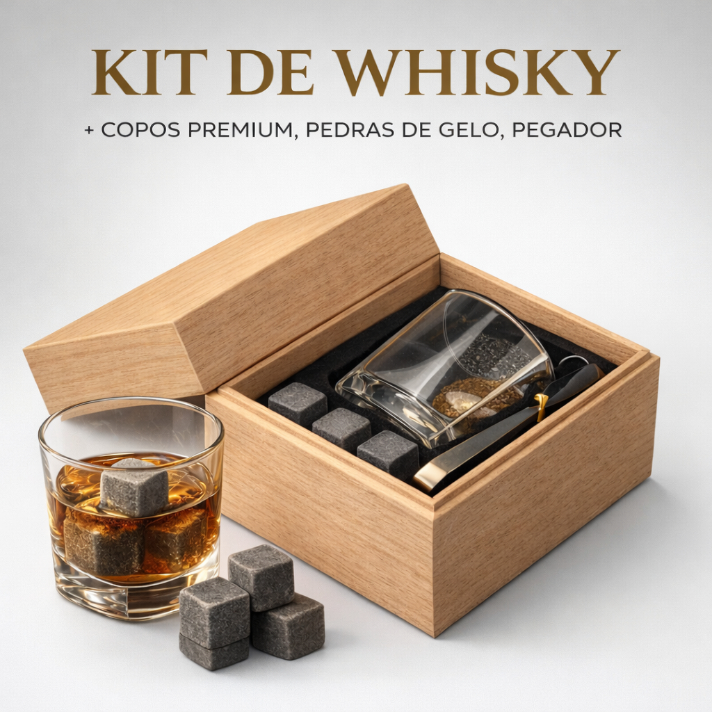 Kit Copo para Whisky Drinks Bebidas + Pegador de Gelo + 3 Cubos de Pedra-sabão e Caixa de Madeira