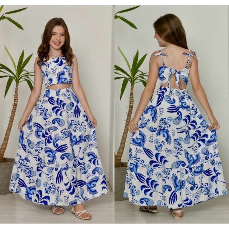 Conjunto Longo Infantil Juvenil Cropped Regata + Saia Longa  Estampada