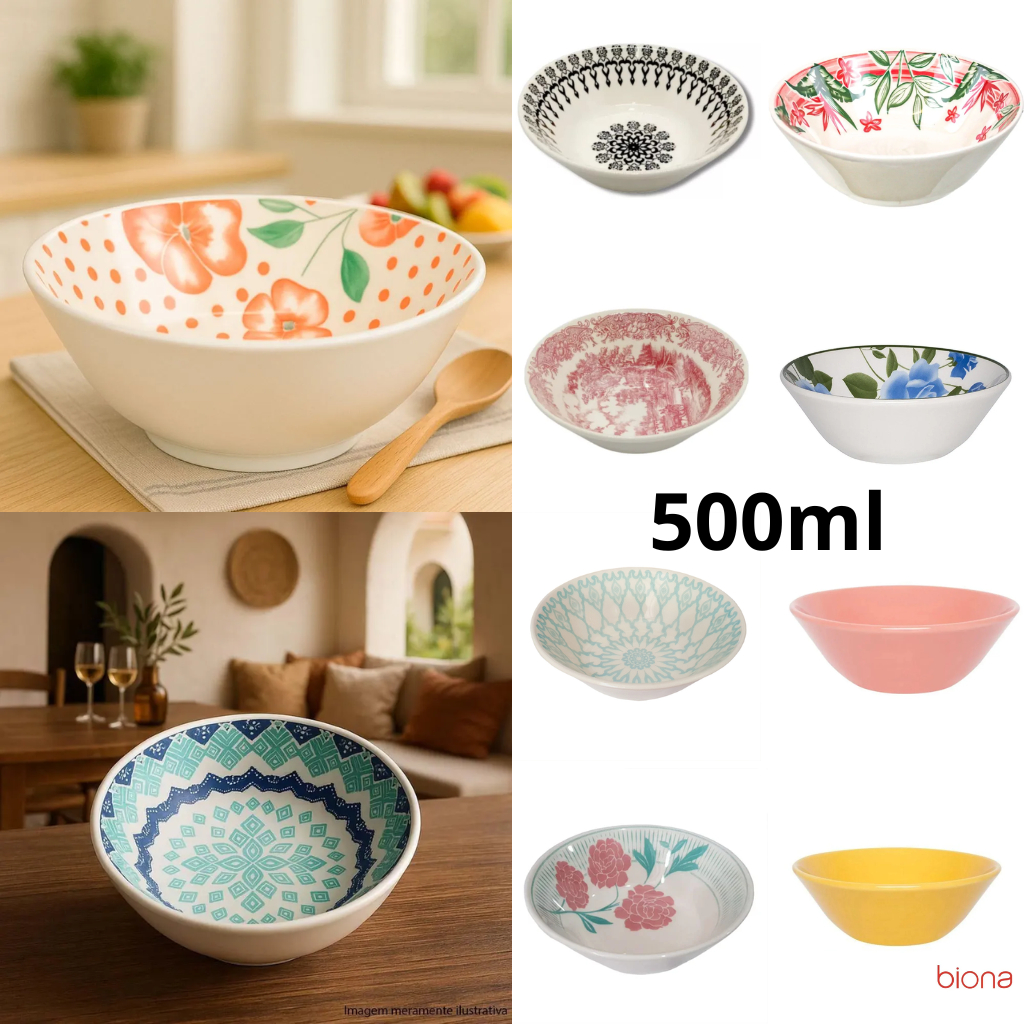 Tigela Bowl Conic 500 ml de Cerâmica Liso ou Decorado Biona 2ª Linha