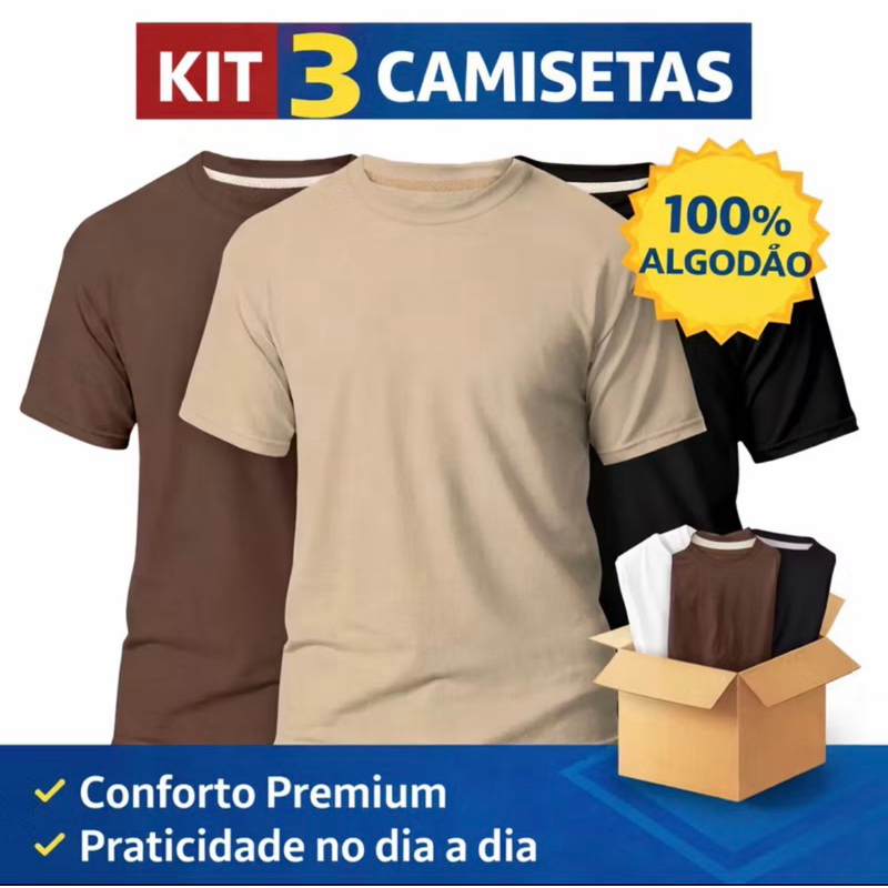 Kit 3 Camisetas Algodão Premium | Básicas, Confortáveis e Econômicas