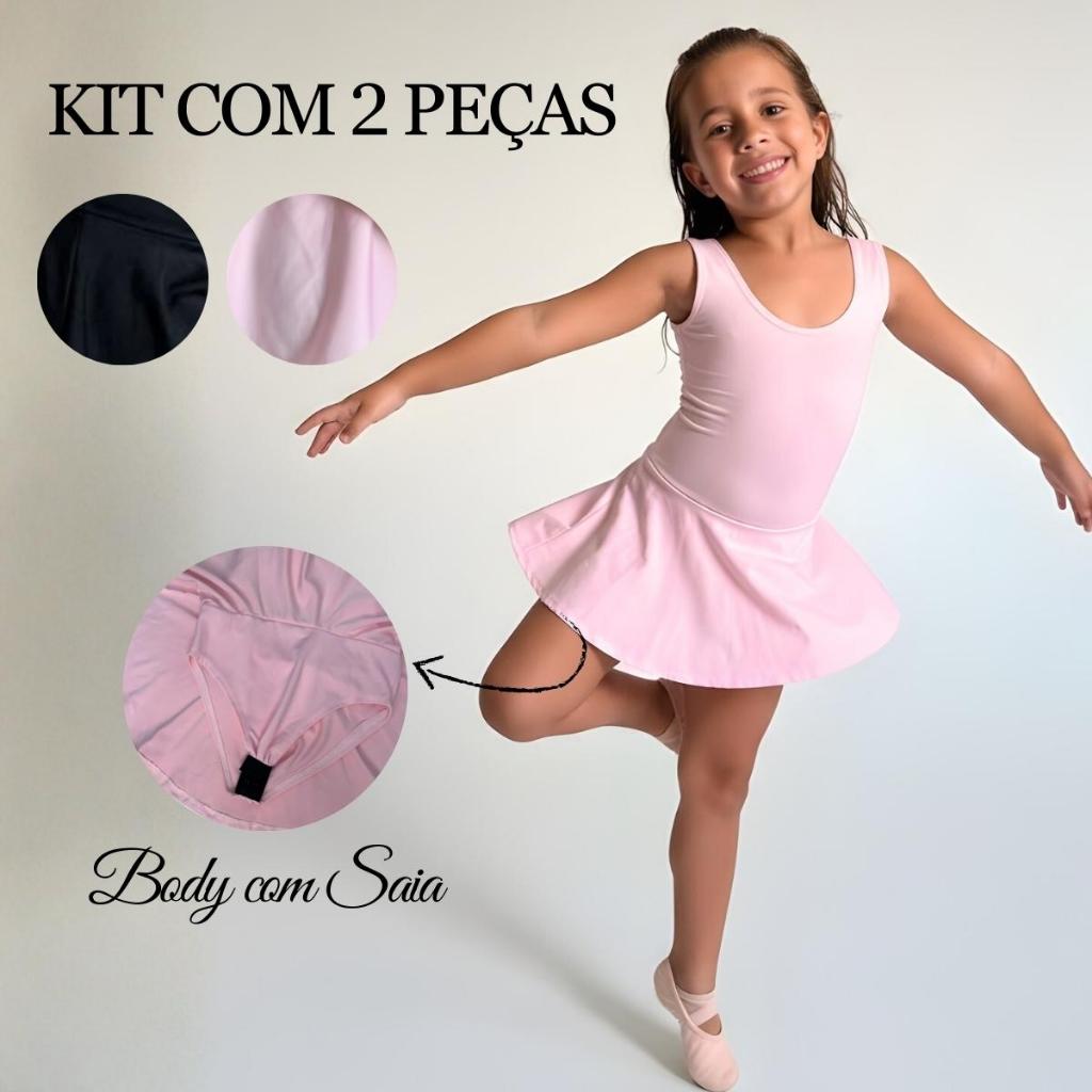 Kit Balé Infantil Menina Body Collant + Saia Helanca Escolar Bailarina - Do P (4) ao GG (10)