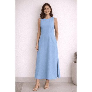 Vestido Regata Com Bolso Feminino em Linho com Forro Zíper nas Costas Longo com Fenda Lat…
