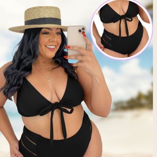 Biquini Conjunto Feminino Plus Size Cintura Alta Modeladora Tiras Laterais Neon Liso Reforçado Praia em Oferta na Shopee