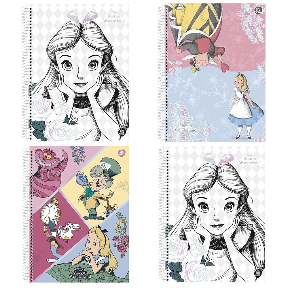 Kit 4 Cadernos Alice no País das Maravilhas Animativa Espiral Capa Dura 80 Folhas 1 Matéria Universi em Oferta na Shopee