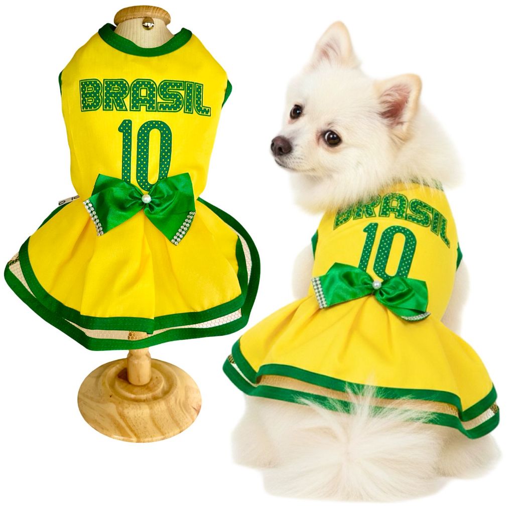 Roupa Pet Vestido Seleção Brasil Copa Do Mundo Gato Cachorro Creche + Brinde