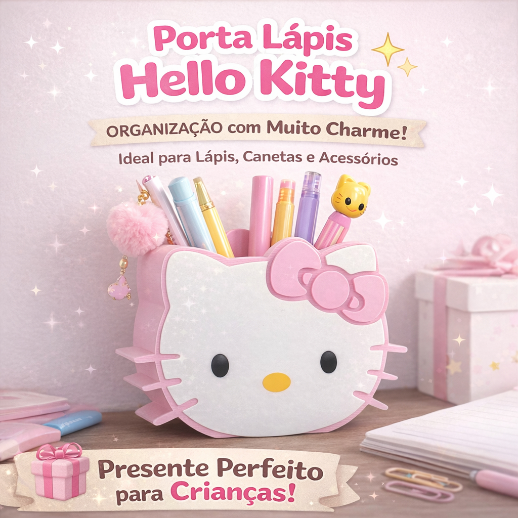 Porta Lápis Hello Kitty Grande Organizador de Mesa Infantil Decorativo