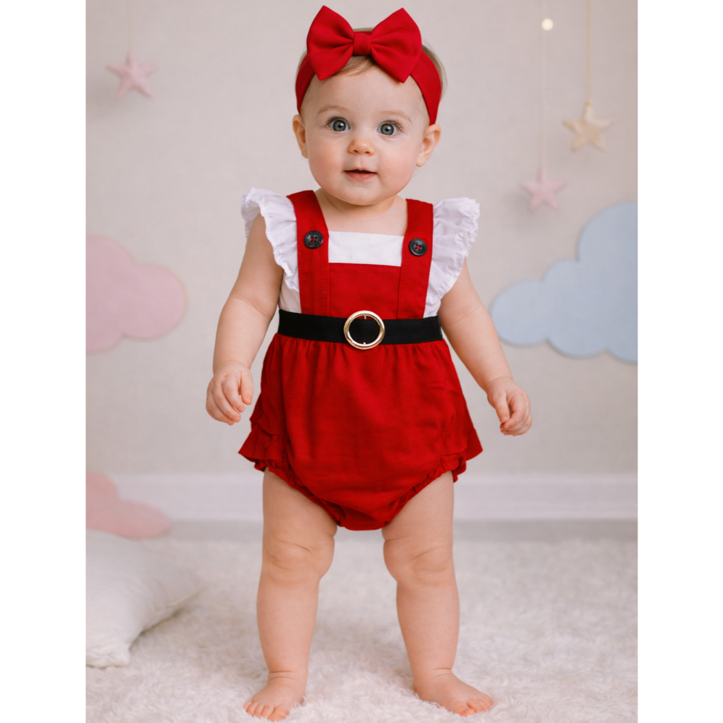 Jardineira Conjunto 3 Peças Mamãe Noel Bebê Infantil Fantasia Com Laço e Blusa Ciganinha Confortável