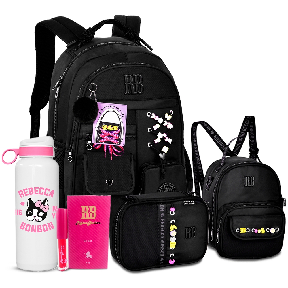 Kit Mochila Rebecca Bonbon Costas Feminina Zíper RB Metalizado Lancheira Térmica Estojo Box Grande em Oferta na Shopee