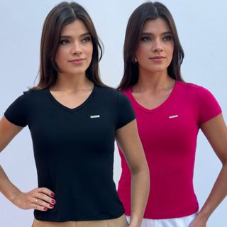 Kit Blusa Básica Feminina Gola V em Viscolycra Manga Curta Baby look T-shirt Conforto e Estilo em Oferta na Shopee