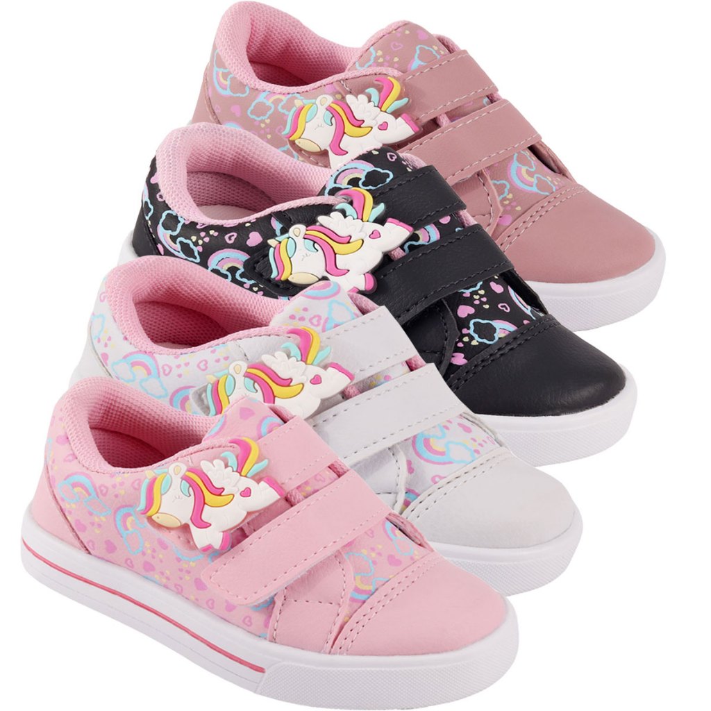 Tênis Infantil Menina Bee Happy Unicórnio com Calce Fácil Velcro Leve e Confortá