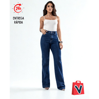Calça Jeans Wide Lag com Elastano Consciência C/Alta 28000 Escura em Oferta na Shopee