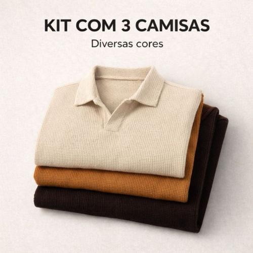 Kit 3 Polo Italiana texturizada sem botão, manga slim.
