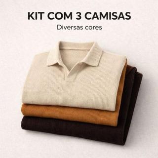 Kit 3 Polo Italiana texturizada sem botão, manga slim Camisa Polo Masculino Luxo