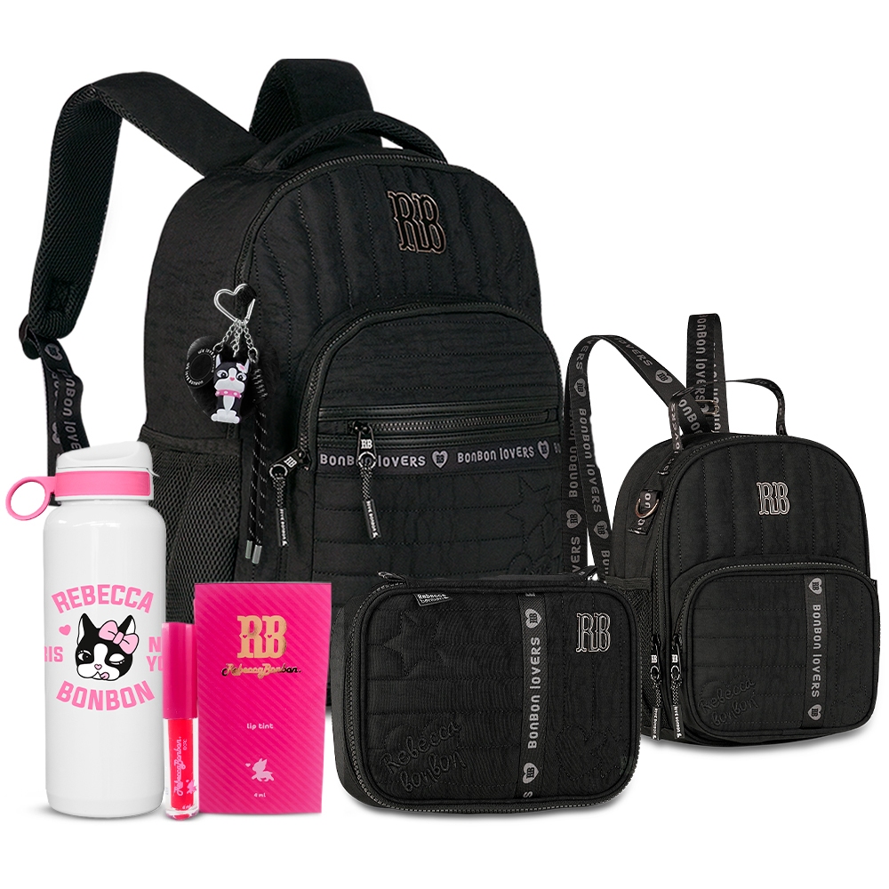 Kit Mochila Estojo Box Lancheira Rebecca Bonbon Escolar Coleção 2026 RB Metalizado Nylon 36 Pens