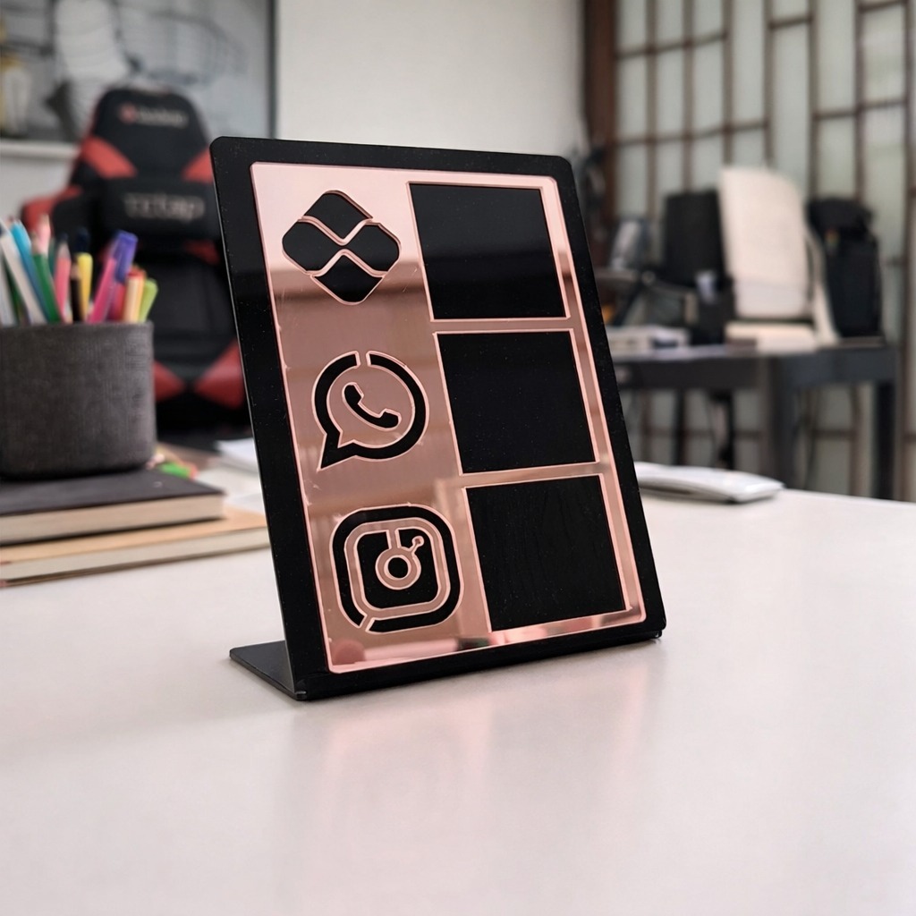 Placa Display Pix Instagram WhatsApp 3 em 1 Acrílico QR Code Balcão Mesa