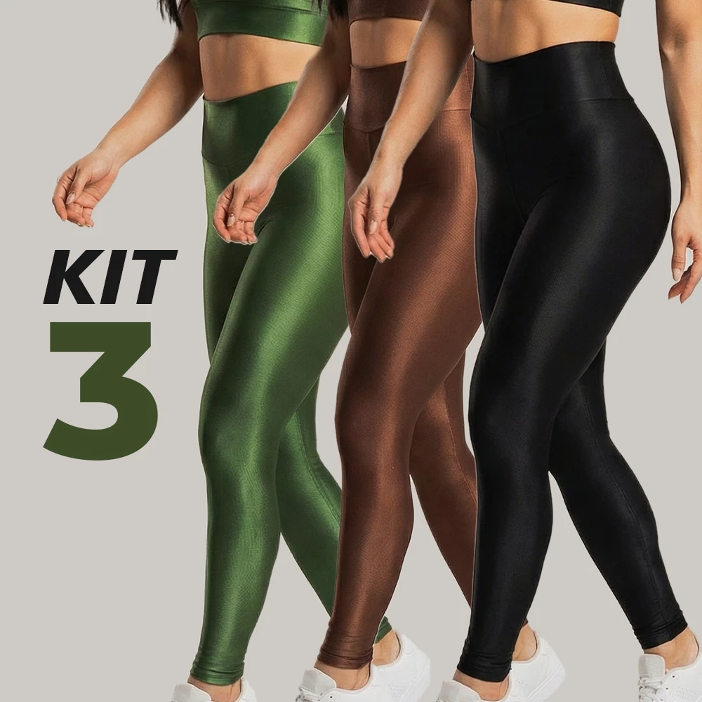 Kit 3 Calças Legging Fitness Feminina – Trilobal Canelada Cintura Alta Brilho Academia e Treino — imagem 1