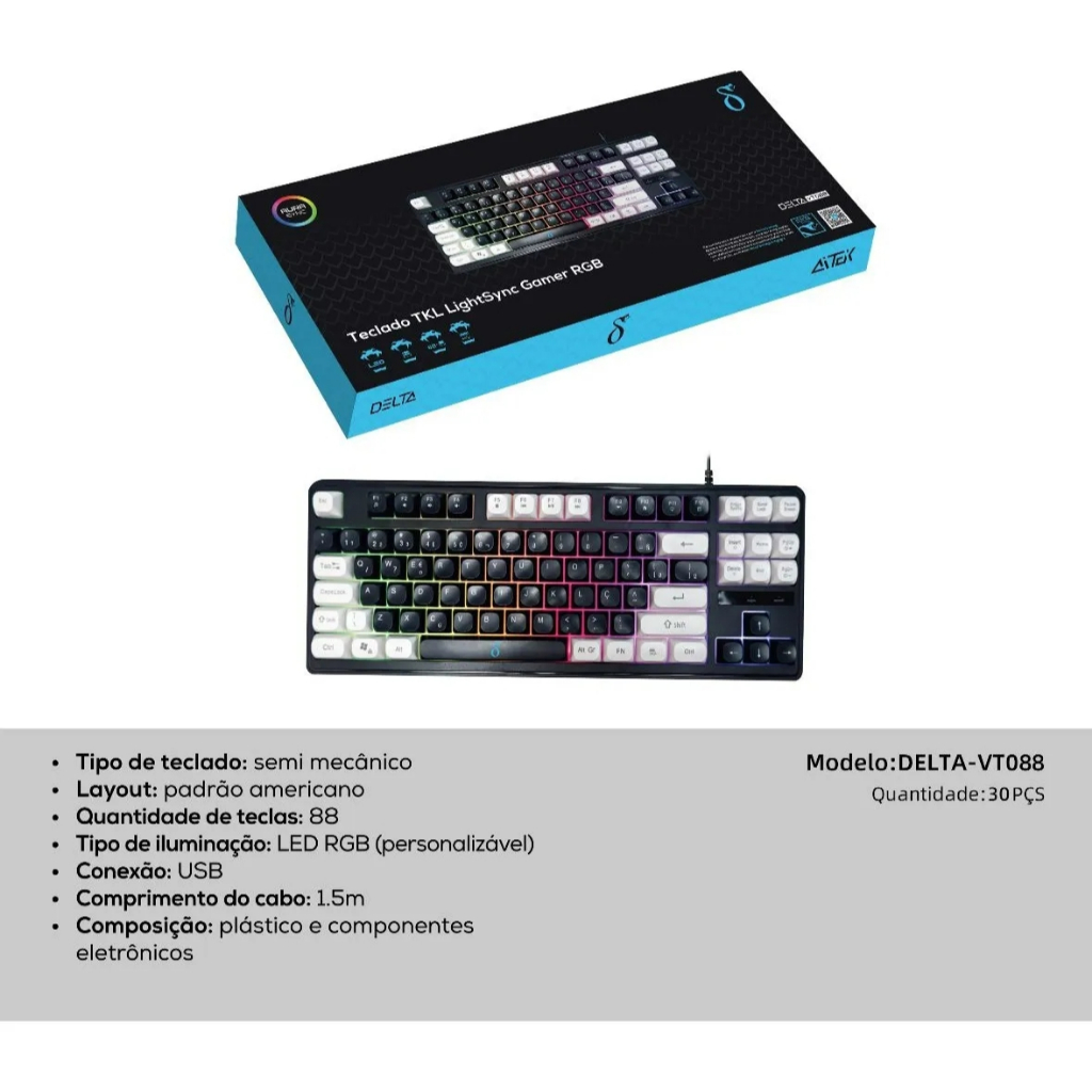 Teclado Gamer Semi Mecanico RGB Delta Gaming DELTA-VT088 87 Teclas TKL LED USB PC PS4 PS5 Xbox One