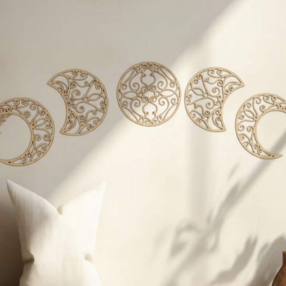 KIT 5 Quadros Fases Da Lua Decorativas De Parede MDF Cru em Oferta na Shopee