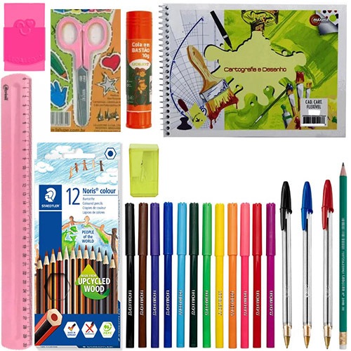 Kit 36 Peças Material Escolar Lapis Cor Staedtler Caneta Bic Hidrocor Regua Infantil Juvenil Promoça