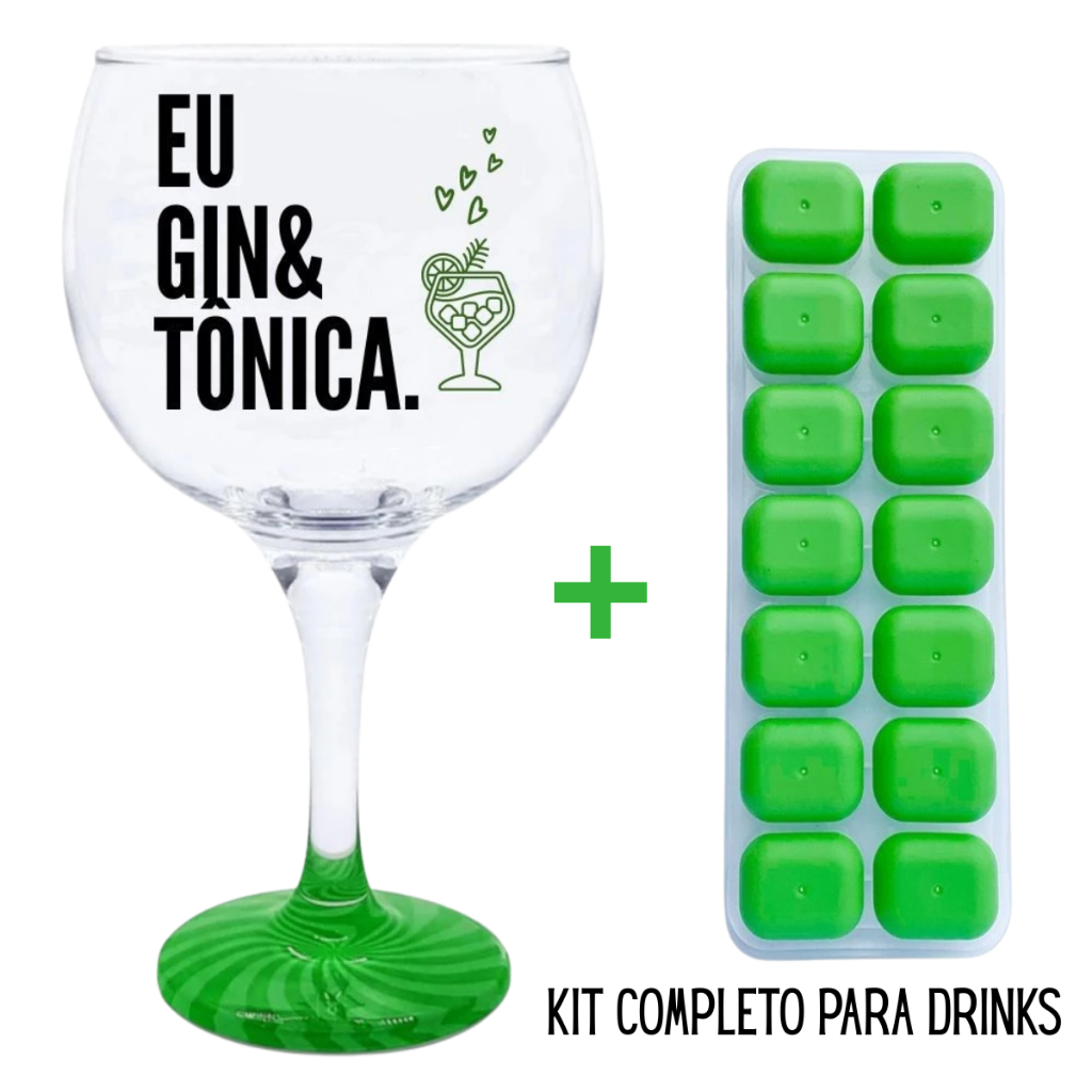 Kit Taca Gin 600ml Base Decorada Frase Eu Gin e Tonica + Forma de Gelo Silicone 14 Cubos Bar Drink