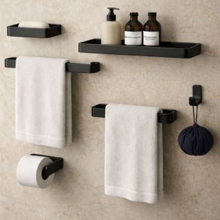 Kit Acessórios Para Banheiro Lavabo 6 Peças Toalheiro Inox Premium Suporte Parede Luxo Preto Cromado em Oferta na Shopee