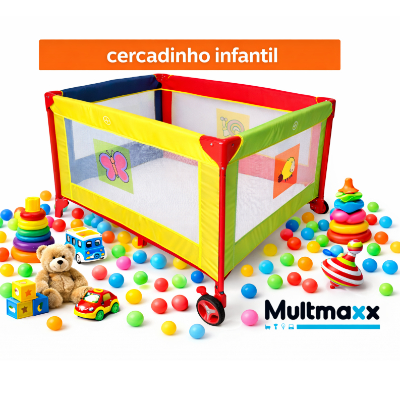 Cercadinho Portátil para Bebe Grande Com rodinhas Colorido Berço Infantil Cercado Dobravel Multmaxx