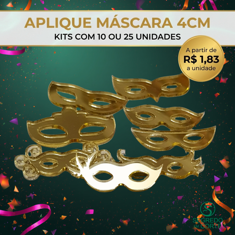 Kit Aplique Máscara de Carnaval 4cm - Acrílico Espelhado (10 ou 25 unidades)