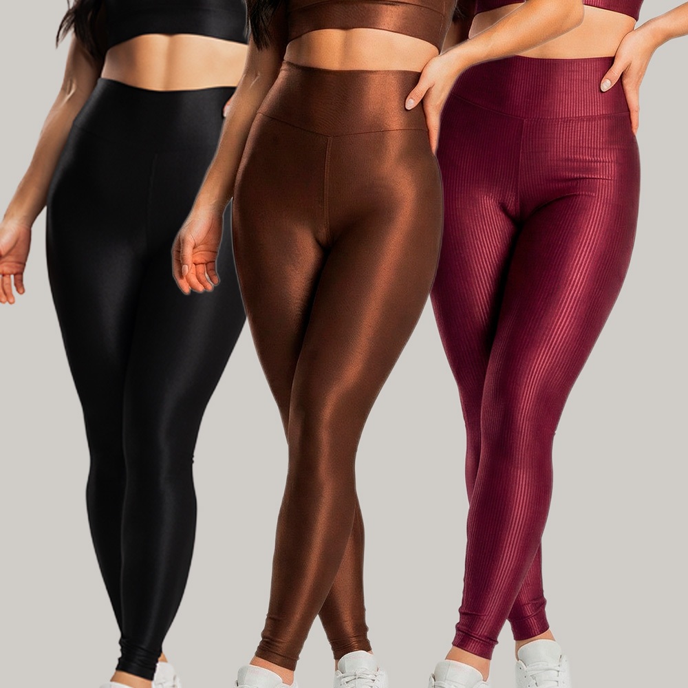 Kit 3 Calças Legging Fitness Feminina – Trilobal Canelada Cintura Alta Brilho Academia e Treino · foto 2