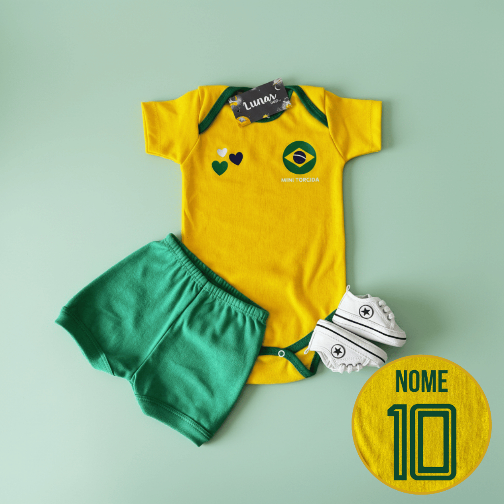 Kit Body Bebê Temático Brasil Copa do Mundo - Personalizado - Amarelo e verde - Menino - Menina