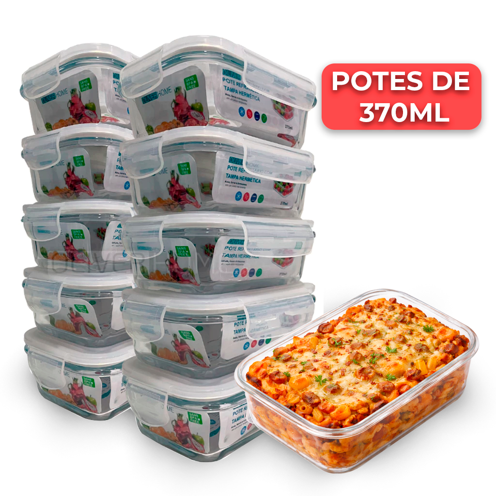 Conjunto Potes de Vidro 370ml Hermético Marmita Fit com Tampa 4 Travas OliverHome em Oferta na Shopee