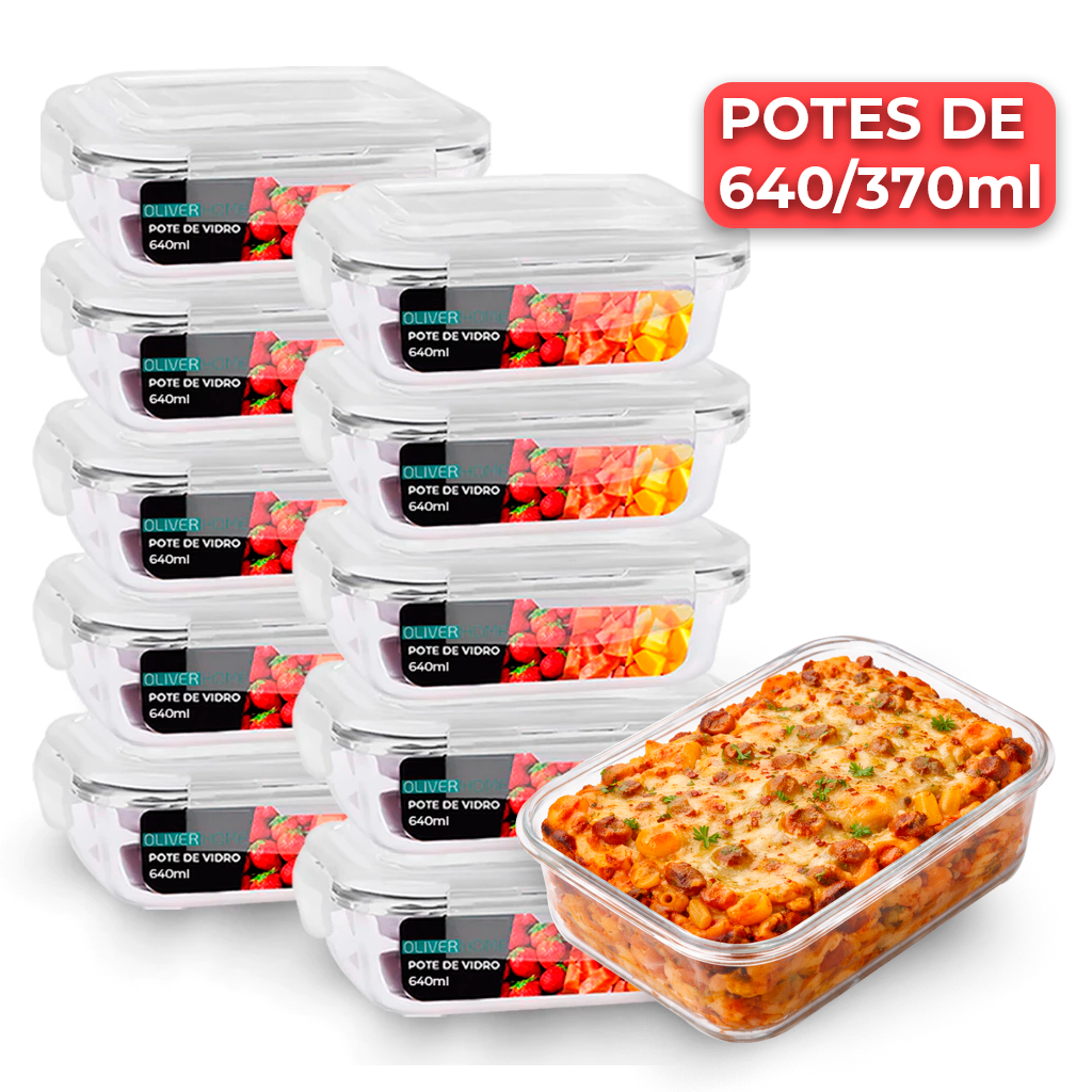 Kit 10 ou 5 Potes de Vidro 370ml/640ml Hermético Marmita Fit com Tampa 4 Travas em Oferta na Shopee