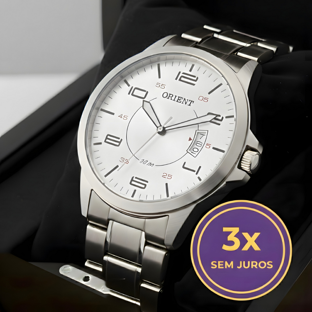 Relógio de Pulso Orient Masculino Prata com Fundo Branco Original Aço Inox à prova D'Água Bonito