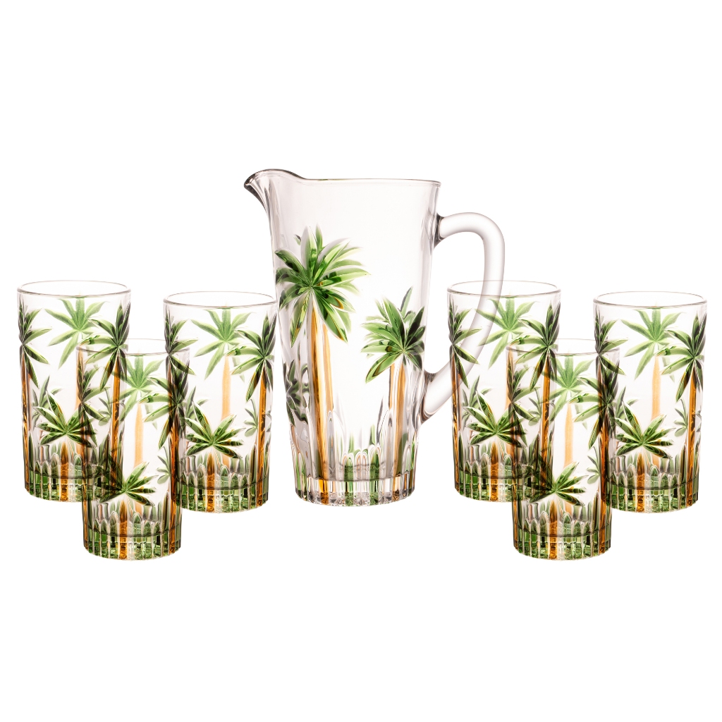 Conjunto Jarra com 6 Copos de Cristal Ecológico Palm Tree Handpaint Wolff Charme e Sofisticação no Lar