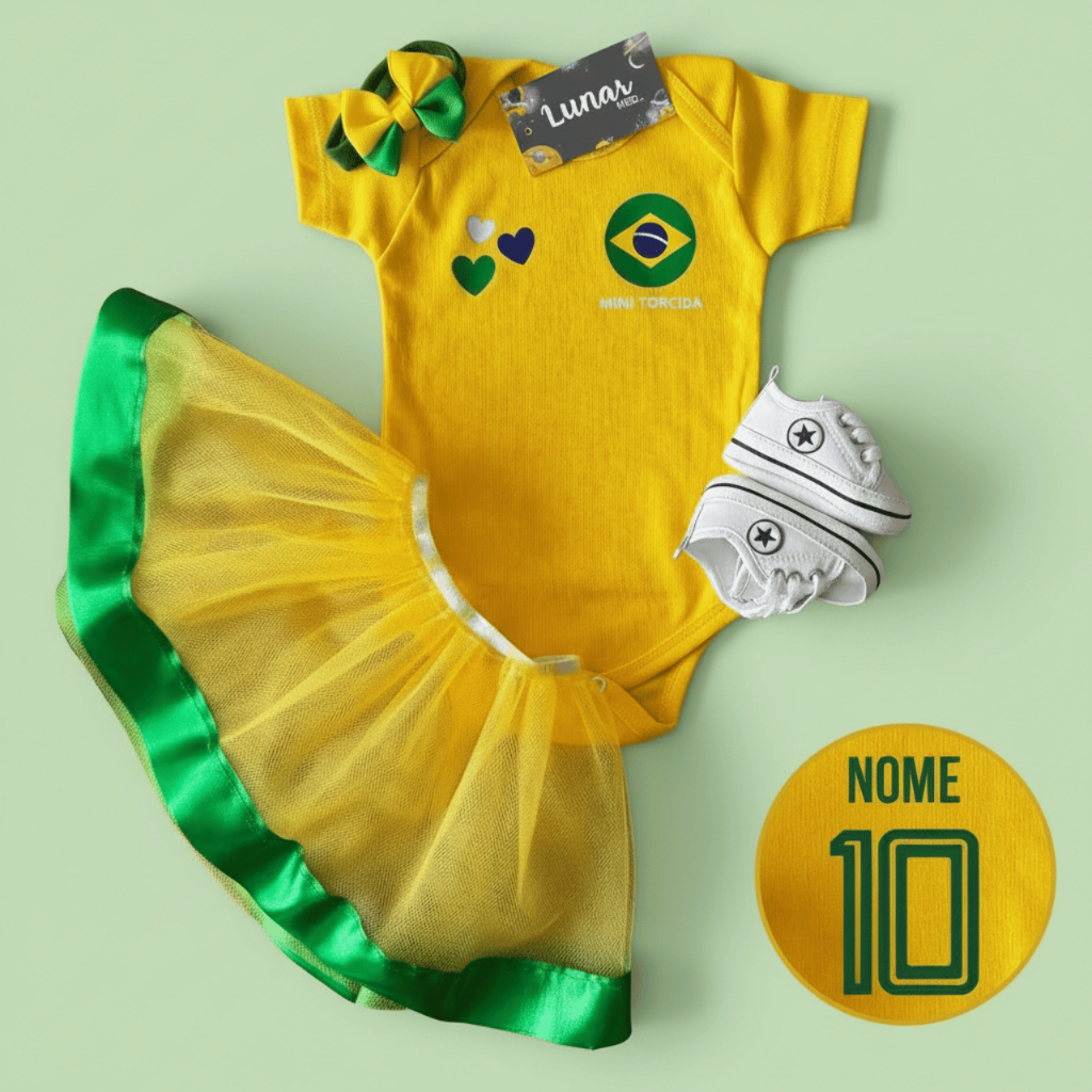 Kit Body Bebê Saia Temático Brasil Copa do Mundo - Personalizado - Amarelo - Menina - Mesversário em Oferta na Shopee