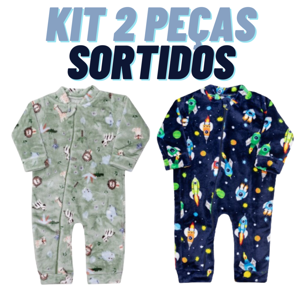 Kit 2 Macacão Bebê Inverno Fleece Estampados Sortido Roupas Para Menino ou Menina