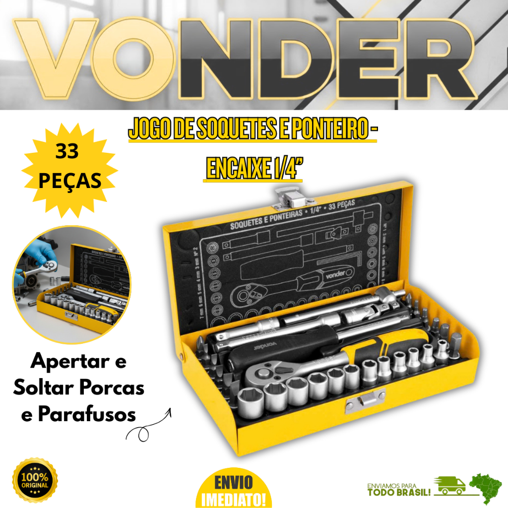 Jogo Soquetes Com Catraca Ponteiras 1/4 33 Peças Apertar e Soltar Porcas Parafusos Vonder C/ Maleta