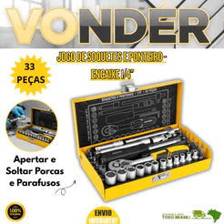 Jogo Soquetes Com Catraca Ponteiras 1/4 33 Peças Apertar e Soltar Porcas Parafusos Vonder C/ Maleta