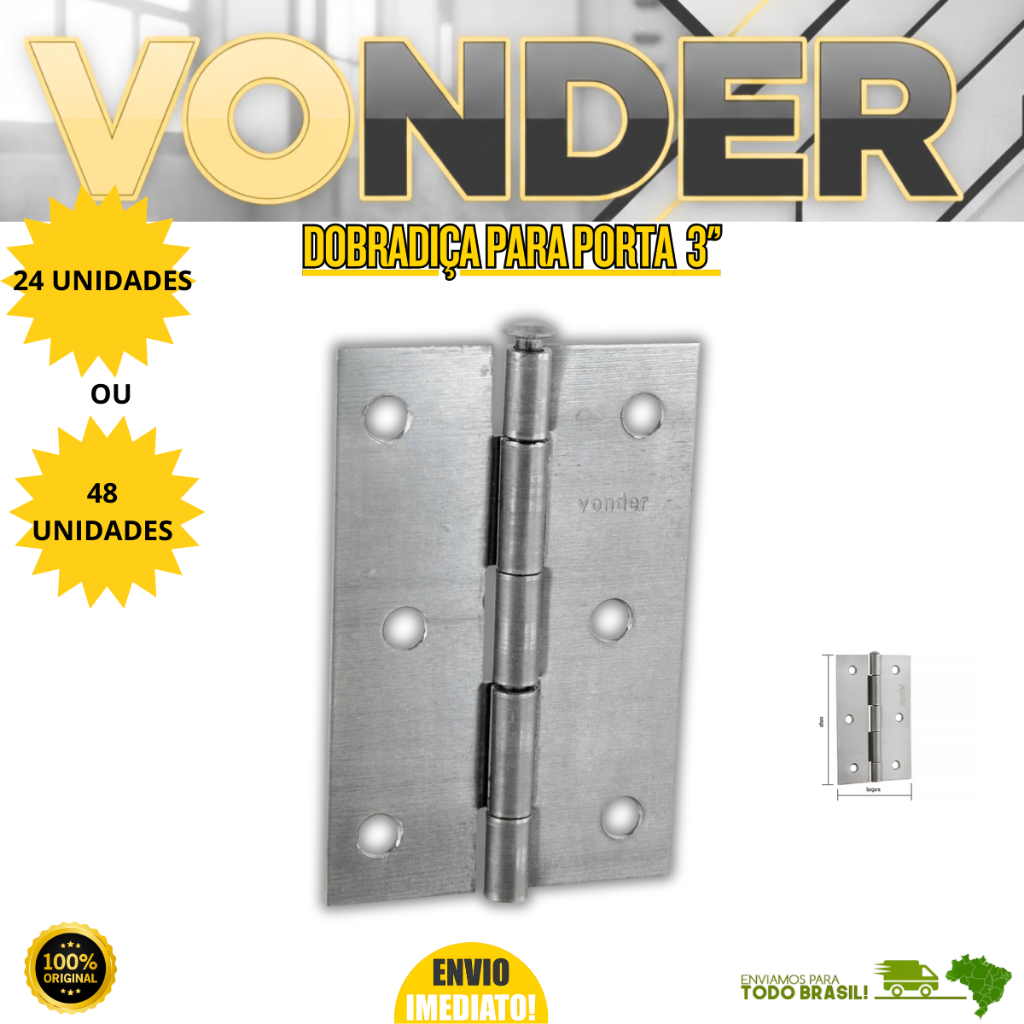Kit 24 Unidades Dobradiça para Porta 3" Ferro Polido Vonder Oferta Premium Resistente Porta Janelas