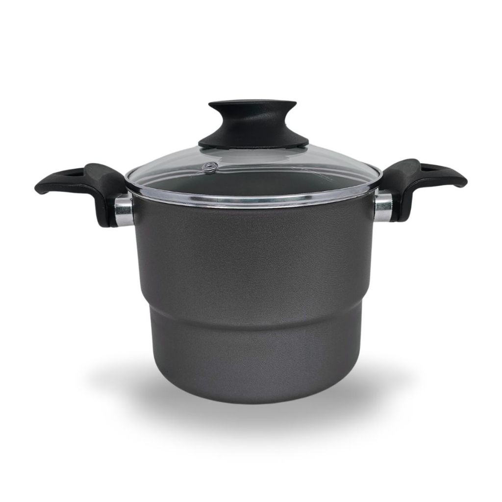 Cuscuzeiro 16 cm com Tampa de Vidro Com Antiaderente Teflon Cor Preto Grafite em Oferta na Shopee