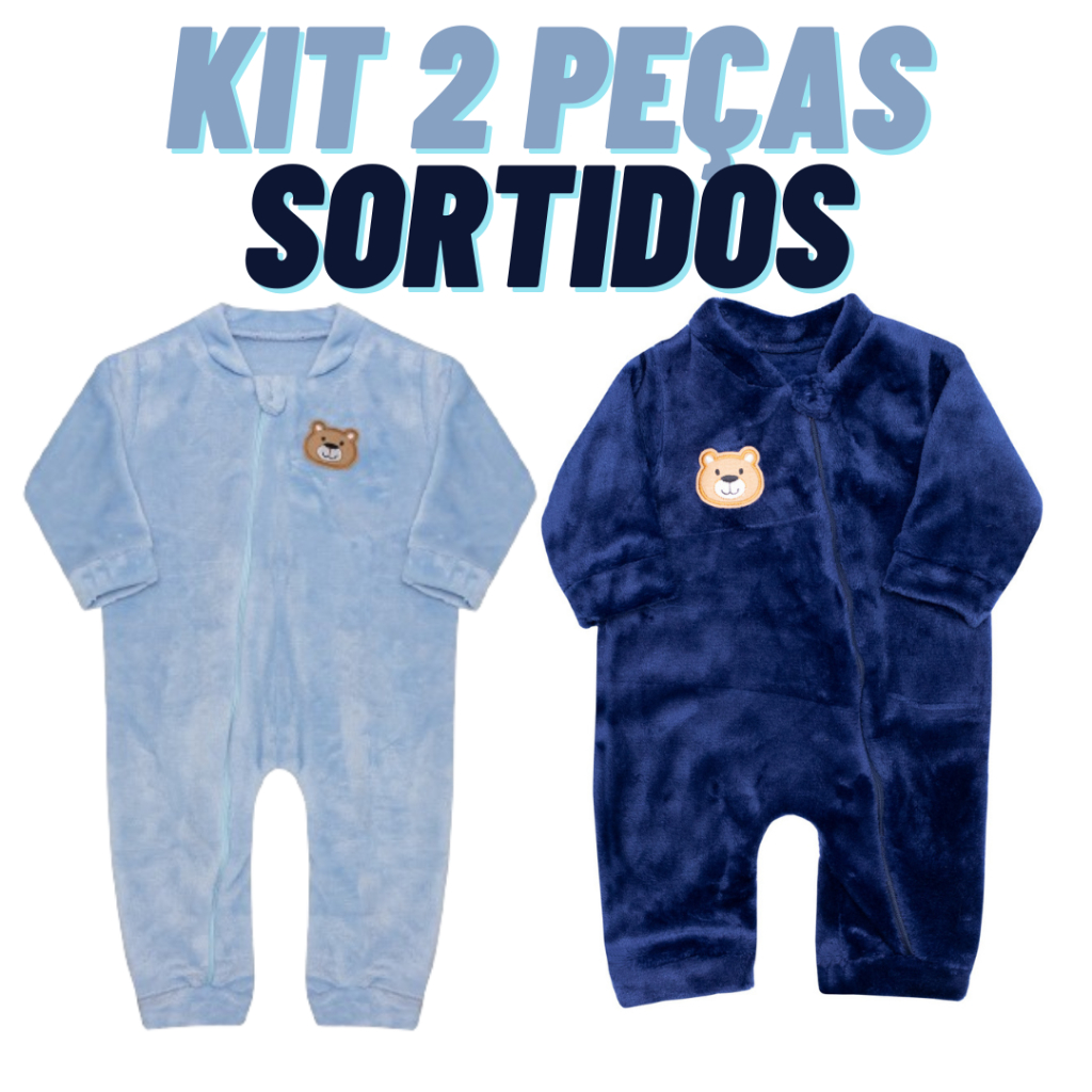 Kit 2 Macacão Bebê Inverno Fleece Aplique Sortido Roupas Para Menino ou Menina